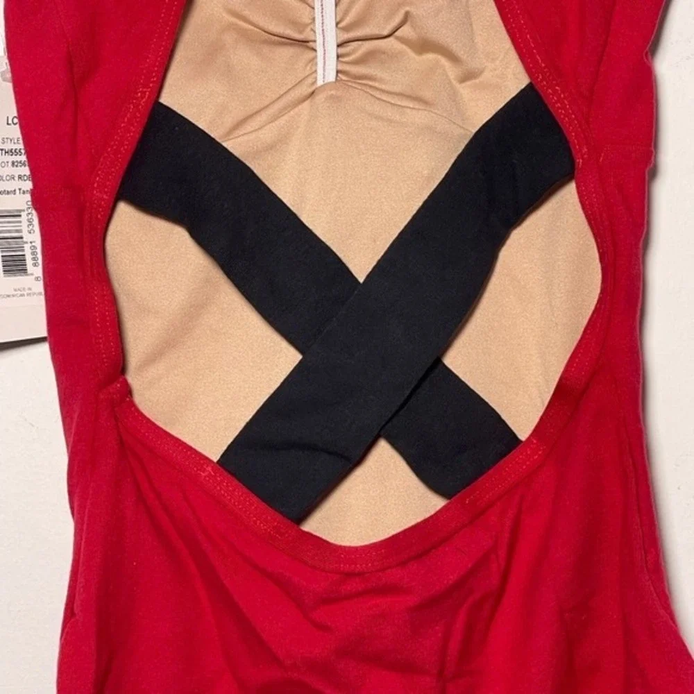 CM Theatricals Classwear Red Black Keyhole Dance Leotard Sleeveless Open X Back